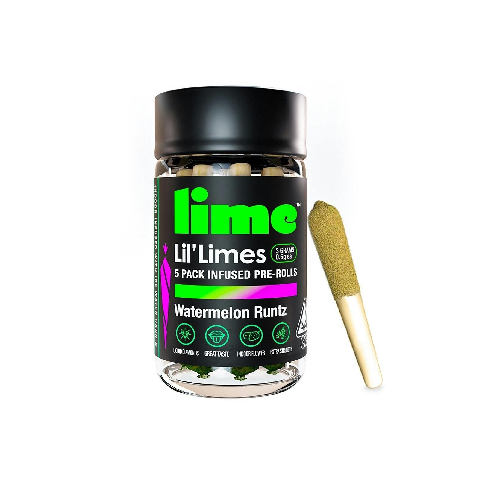Lime - Diamond & Hash Infused Lil' Limes (.6g x 5 Mini Pre Rolls): Watermelon Runtz