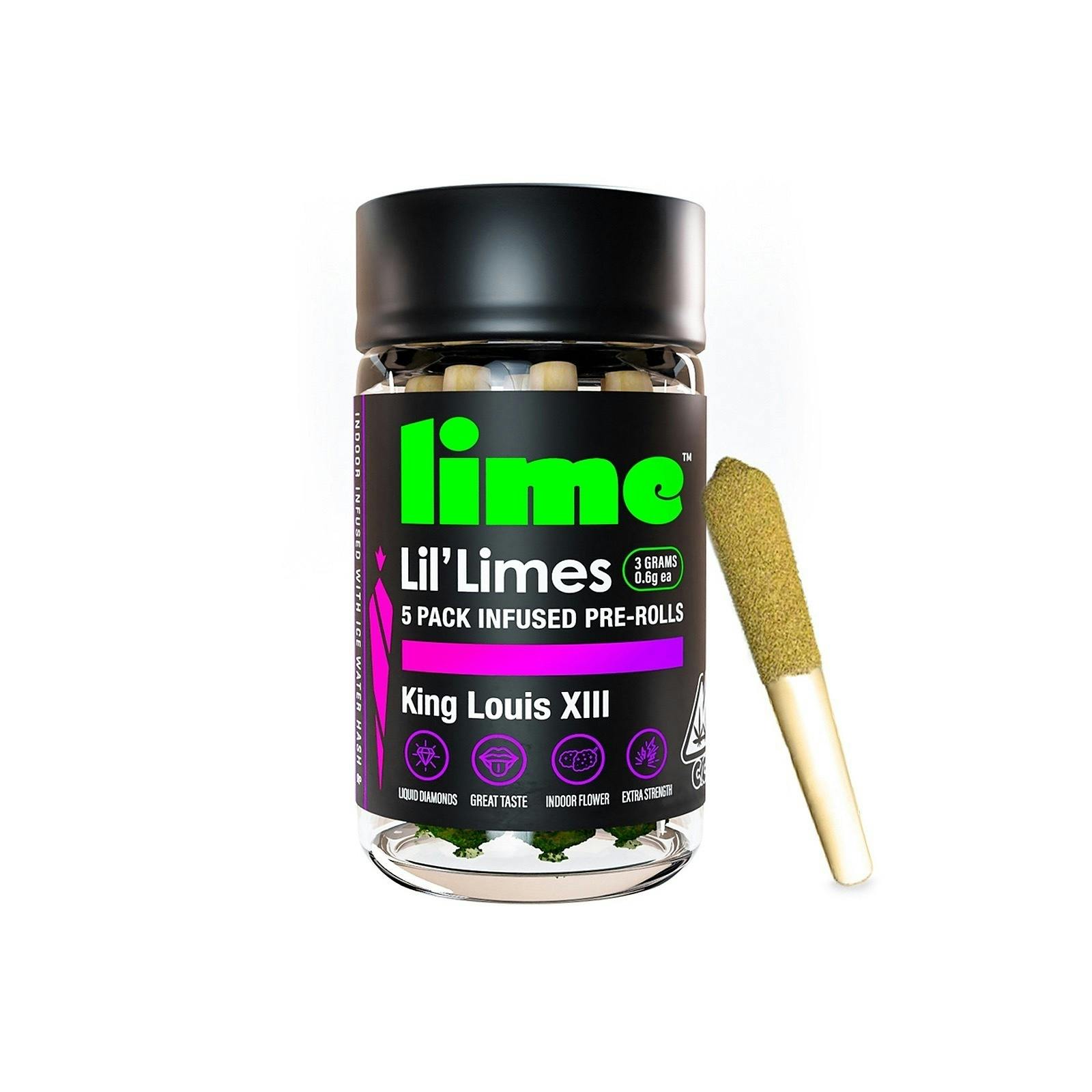 Lime - Diamond & Hash Infused Lil' Limes (.6g x 5 Mini Pre Rolls): King Louis Xiii