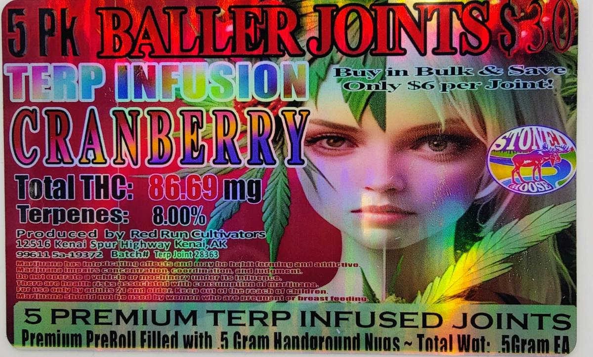 2.5g/86.69mg | Cranberry | 5 pk Terp Infused Baller Joints | Red Run Cannabis Cultivators, LLC