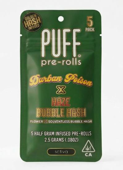 Puff - Bubble Hash - Durban Poison x Haze - Infused Preroll - 5pk - 2.5G
