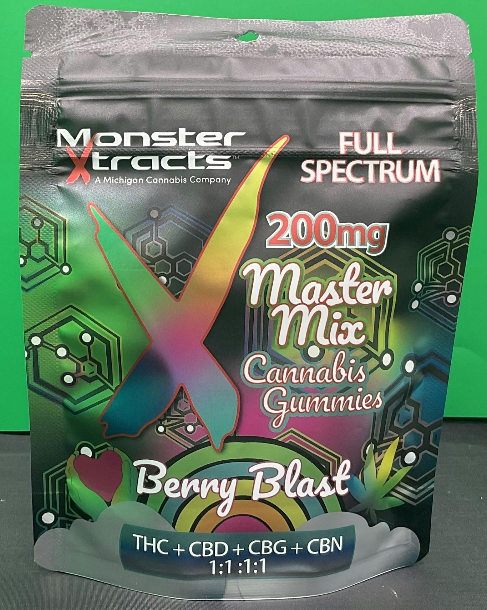 MONSTER XTRACTS FULL SPECTRUM 200MG GUMMIES BERRY BLAST 1:1:1:1 THC:CBD:CBG:CBN