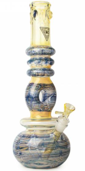 Red Eye Glass - 14" Tall Tantra Donut Bubble Base Water Pipe - Blue