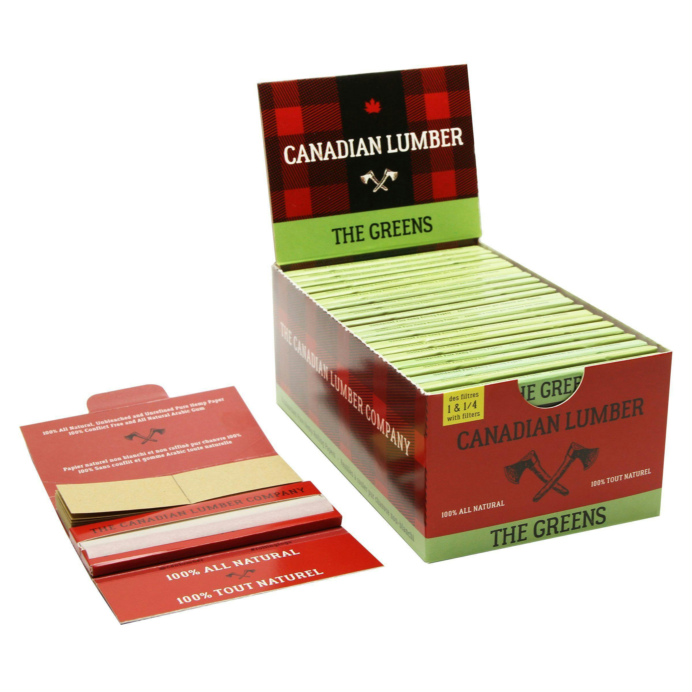 Canadian Lumber - Greens Unbleached Hemp Rolling Papers with Tips - 1.25"