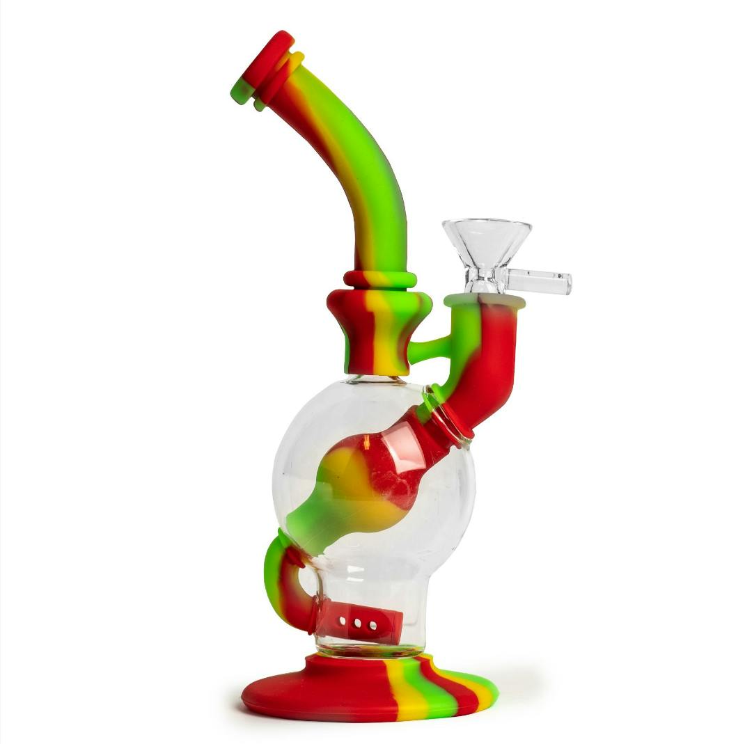LIT Silicone - 8" Tall Ball Bubbler w/Glass Chamber & Pull-Out - Rasta
