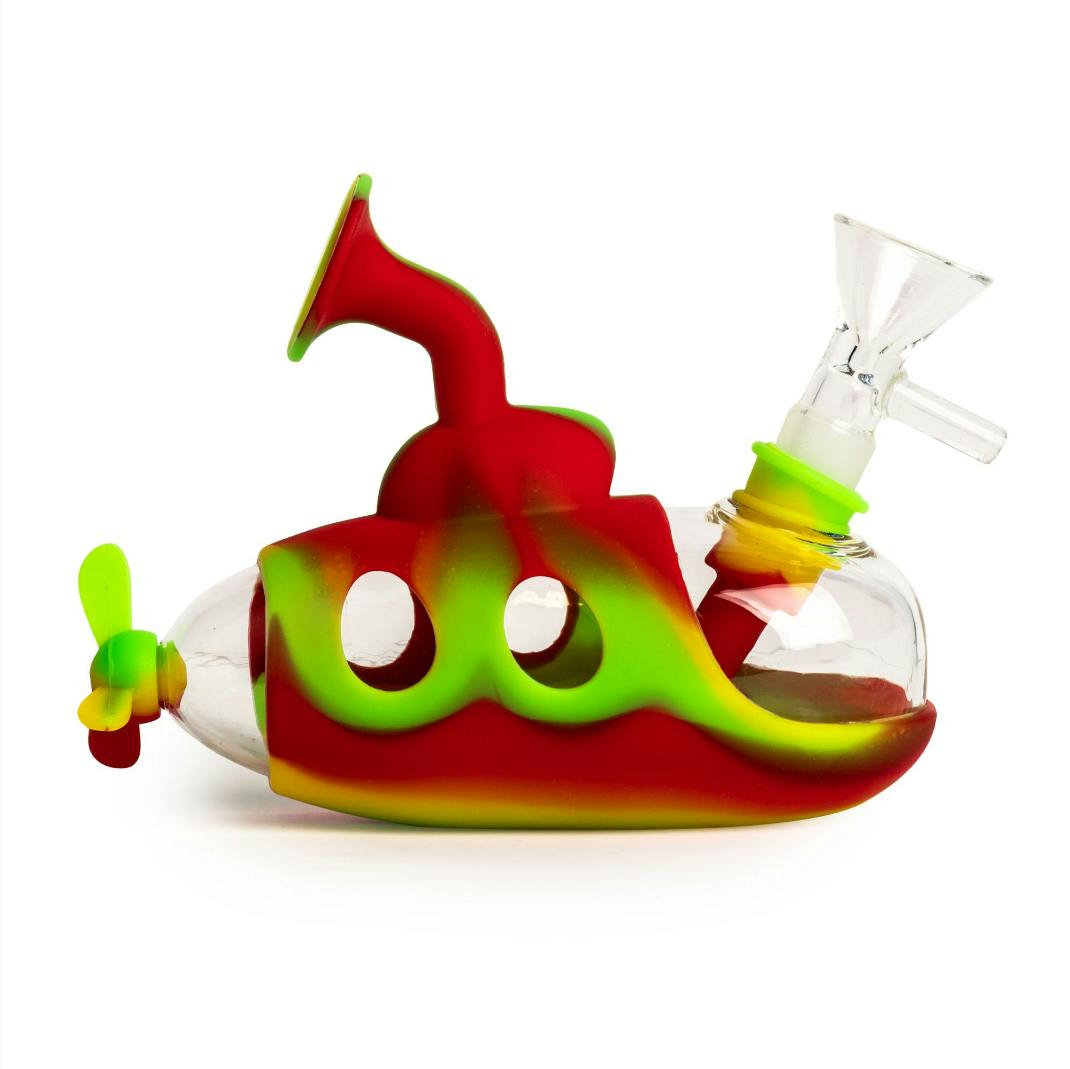 LIT Silicone - 5" Submarine Bubbler w/Glass Chamber & Pull-Out - Rasta
