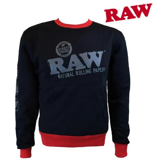 RAW - Crew Neck Black / Red Trim with Kangaroo Pocket - L