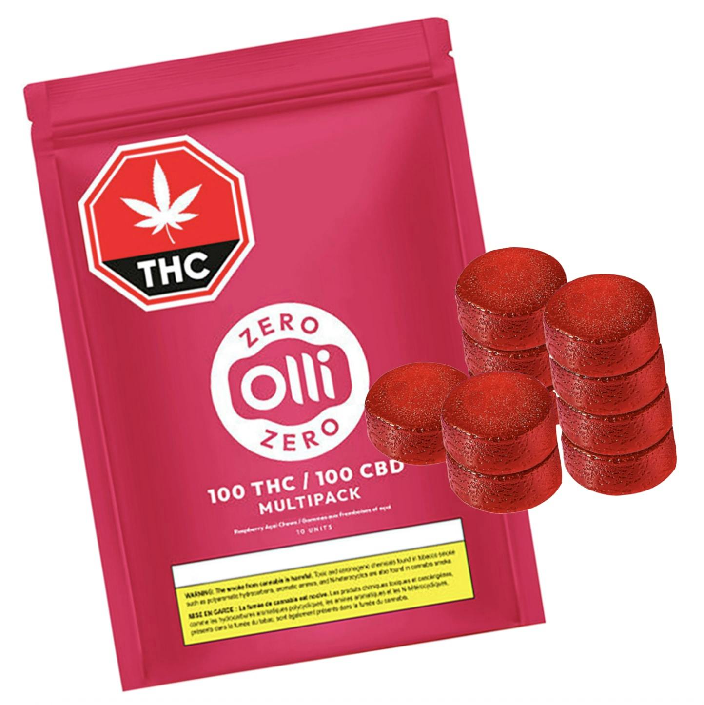 100 THC + 100 CBD Multipack Raspberry Sugar Free Acai Soft Chews 10x1 [Olli]