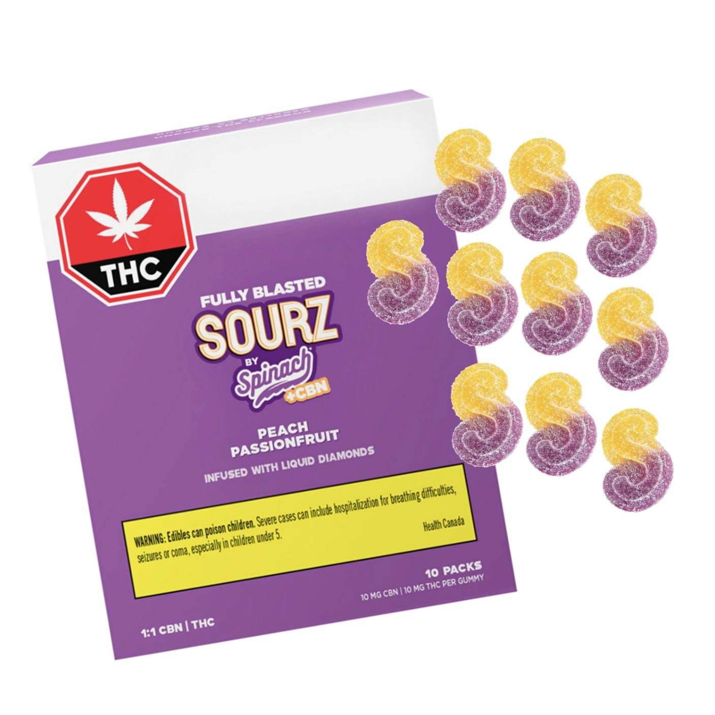 Sourz Fully Blasted Peach Passionfruit 1:1 CBN THC Gummies 10x1 Pack Soft Chews