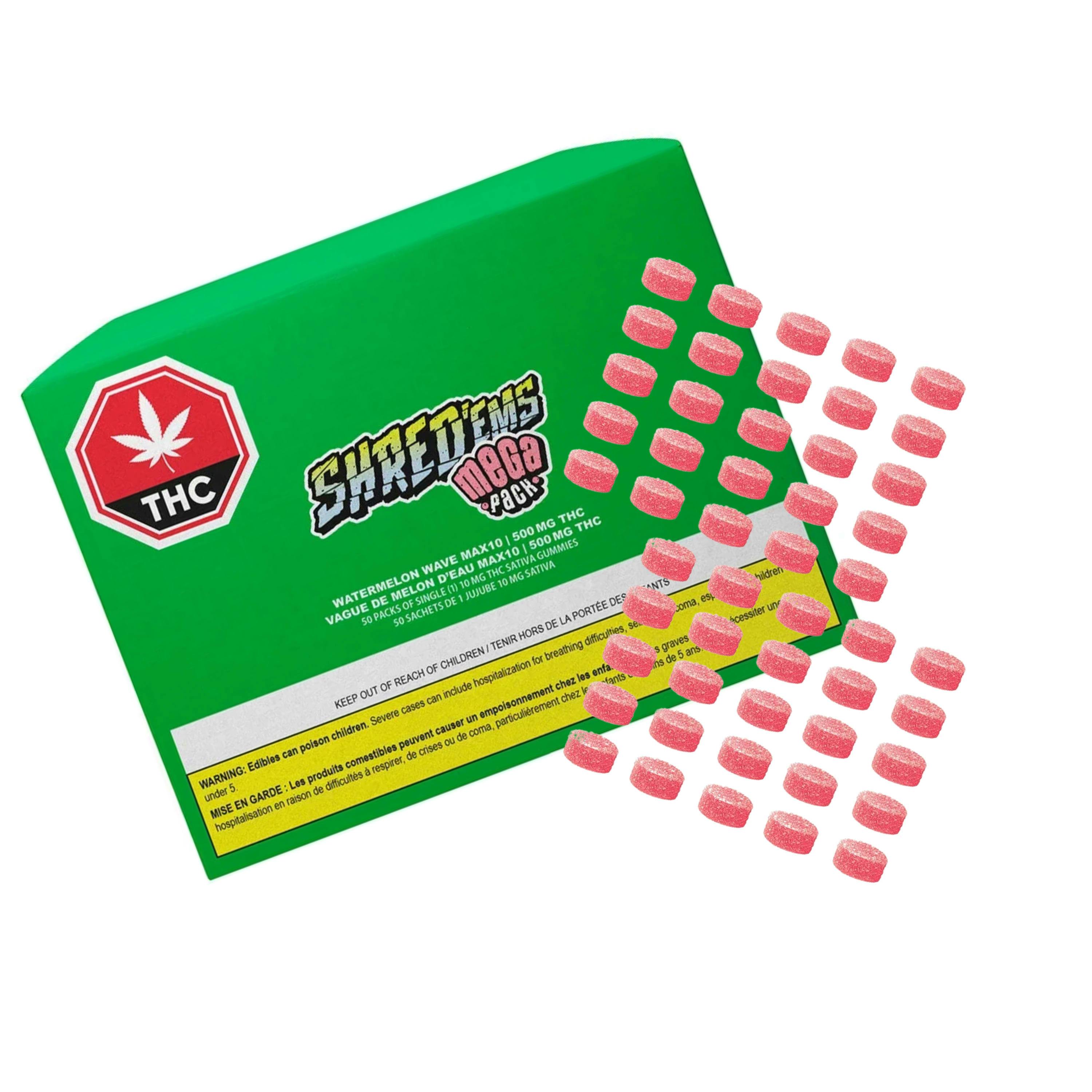 Watermelon Wave MAX10 Mega Pack 500 THC Gummies 50x1 Pack Soft Chews (shred'ems)