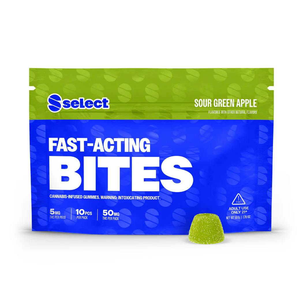Bites Fast-Acting Sour Green Apple Edibles 50mg (10-Pack | 5mg Each)