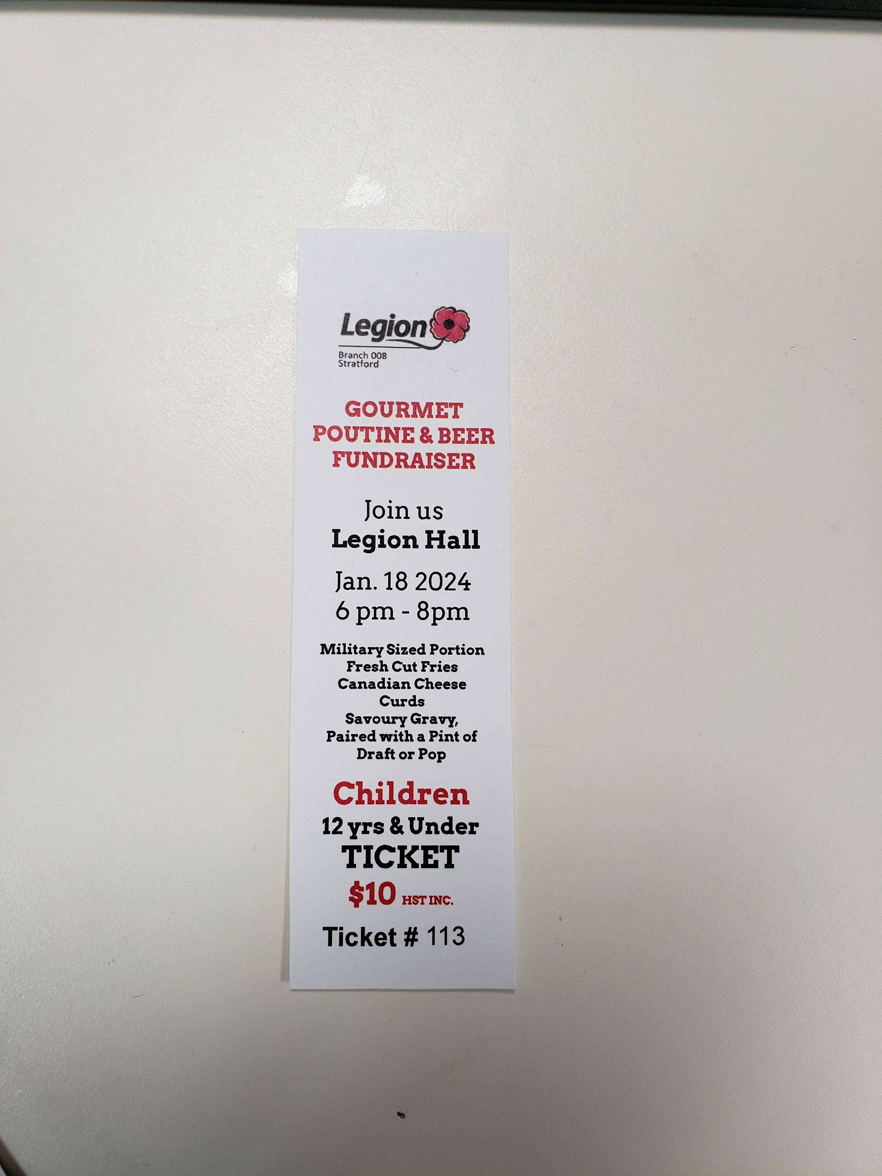 Legion - Gourmet Poutine & Beer Fundraiser - 18 Jan 2024 - Child (12& younger)