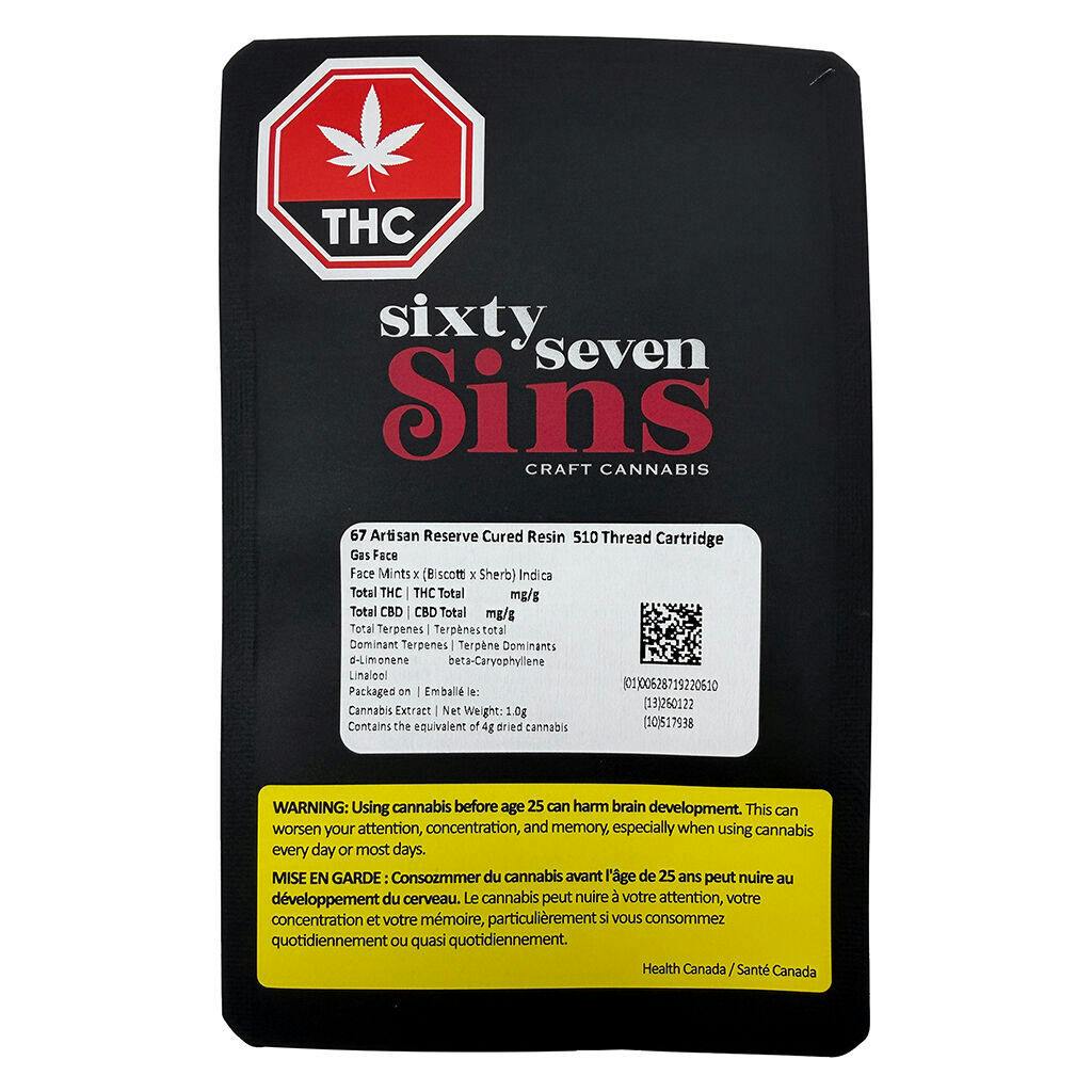 Sixty Seven Sins - 67 Artisan Reserve Cured Resin 510 Thread Cartridge - Indica - 1g