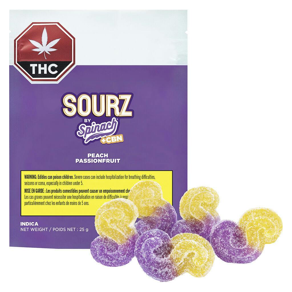SOURZ by Spinach - Peach Passionfruit 1:1:1 CBN CBD THC Gummies - Indica - 5 Pack