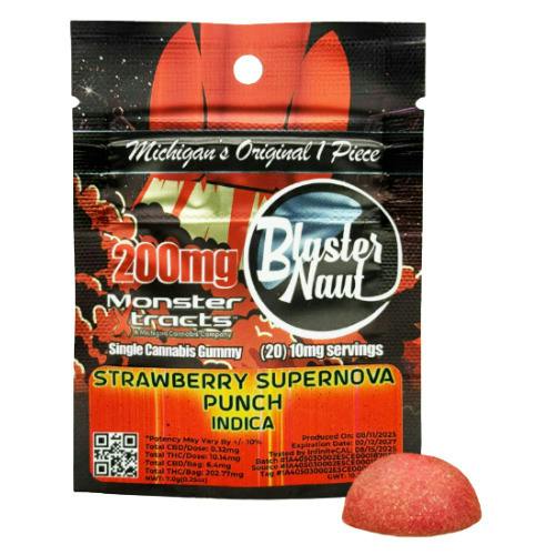 Monster Xtracts Strawberry Supernova Punch Indica Blasternaut Single Serve Gummy 200mg THC
