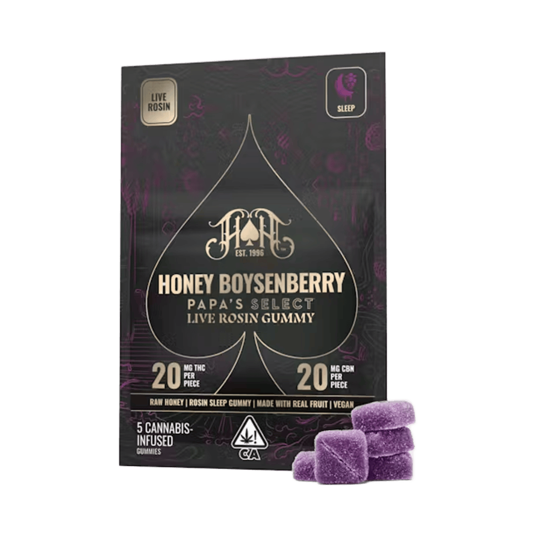 HONEY BOYSENBERRY 1:1 THC:CBN LIVE ROSIN (PAPA'S SELECT) SLEEP GUMMIES 5 PACK 100MG - Sample