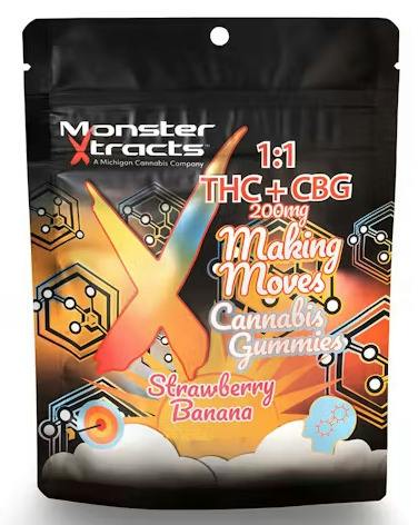 Monster Xtracts - Strawberry Banana 1:1 THC:CBG - 200mg Full Spectrum Gummies (10x20mg)