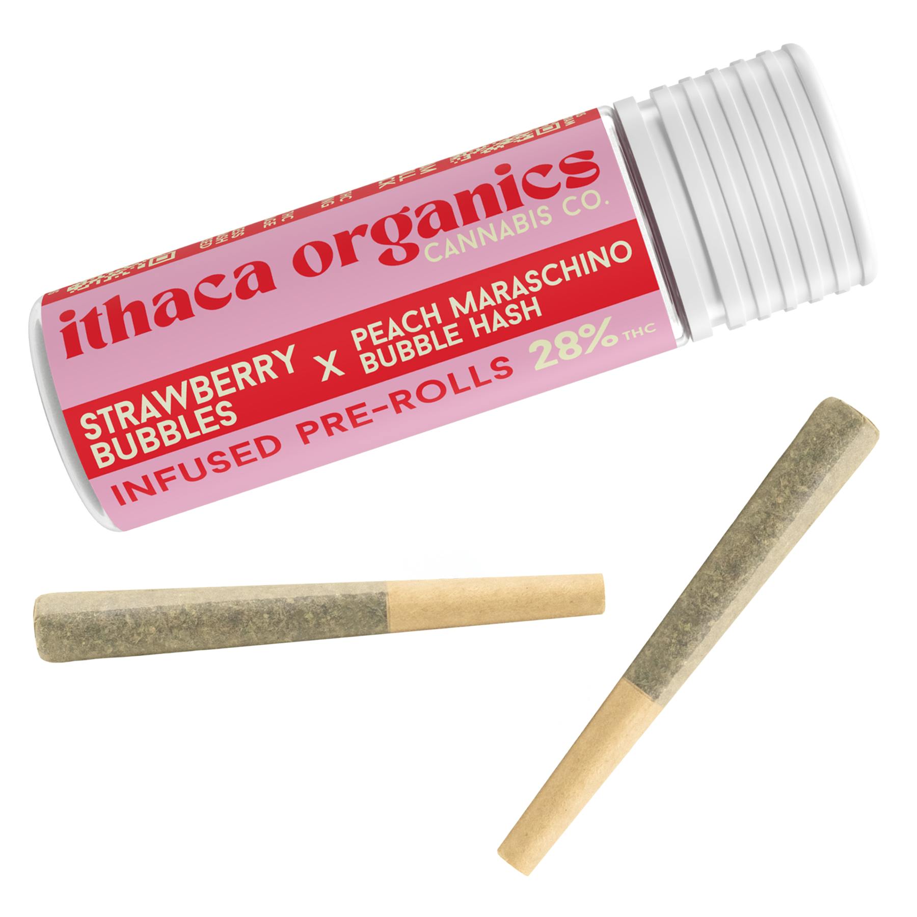 Ithaca Organics | Pre-Roll | Strawberry Bubbles / Peach Maraschino Hash Infused | 0.75g (2pk)