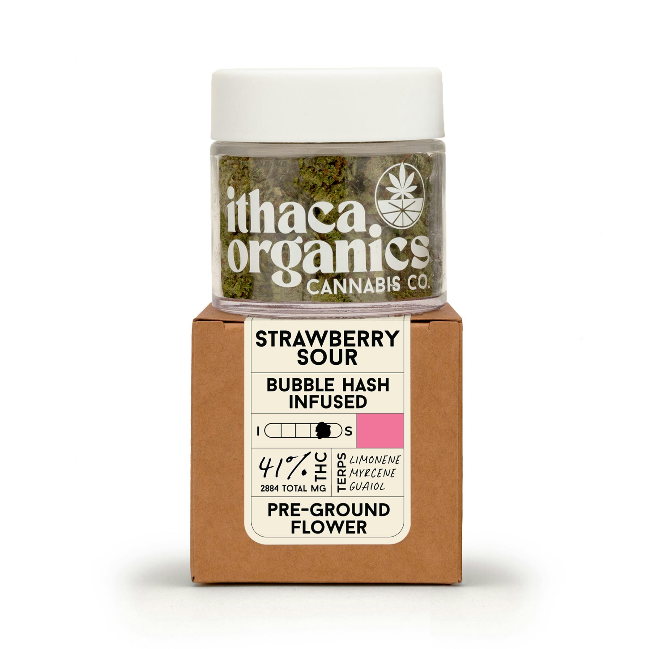 Ithaca Organics | Flower | Ground & Bubble Hash Infused | Grounded Flower | Strawberry Sour | 7g