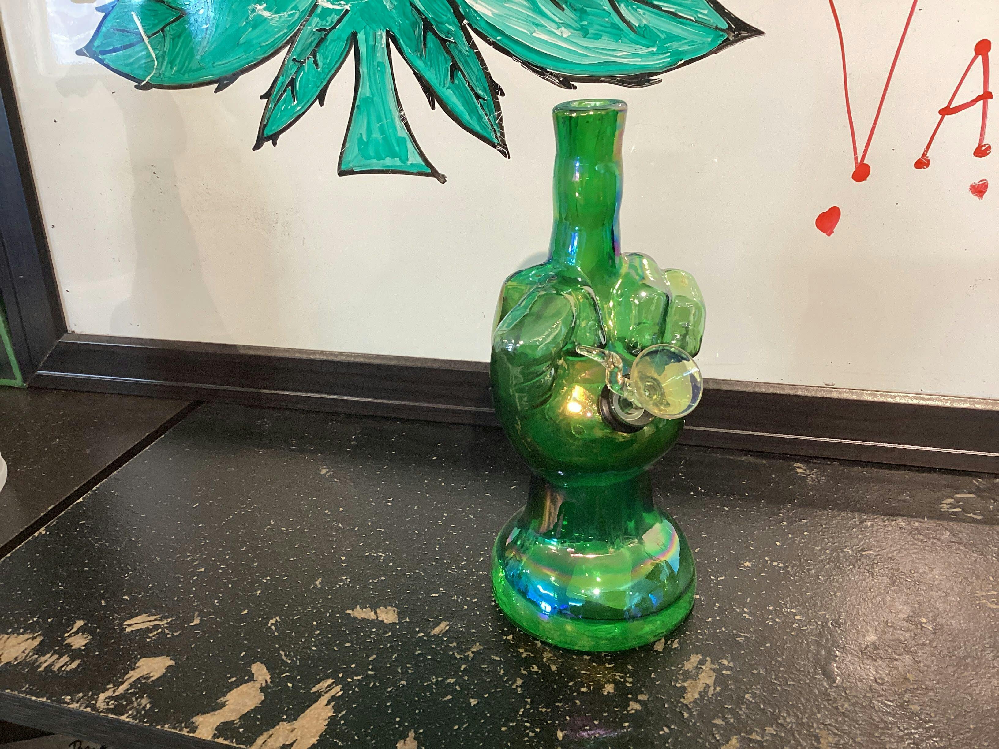 8" Tall Retro Glass Platinum Metallic "Flippin The Bird" Water Pipe