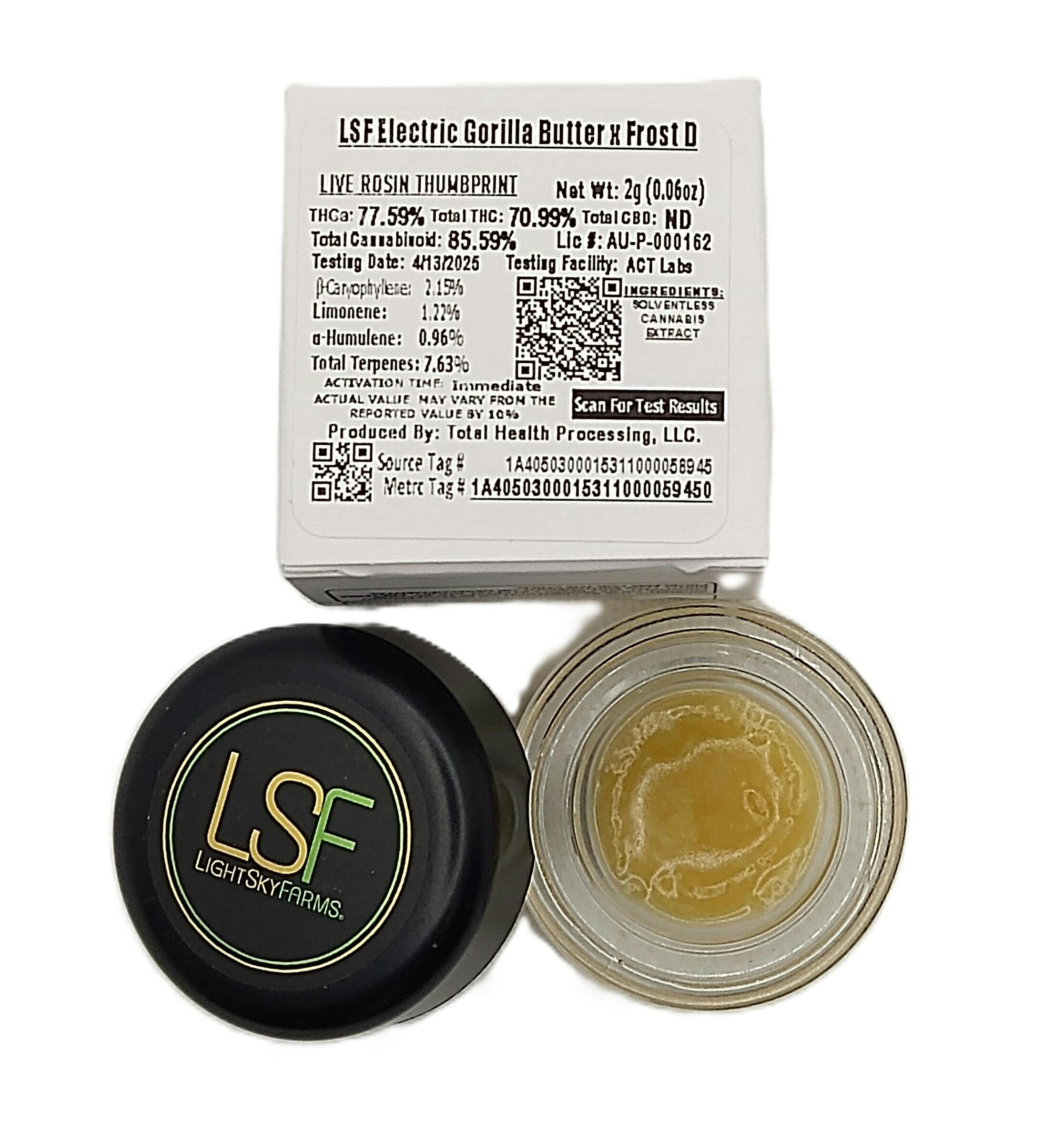 Light Sky Farms | Electric Gorilla Butter x Frost D | Live Rosin Thumbprint | 2g | Indica