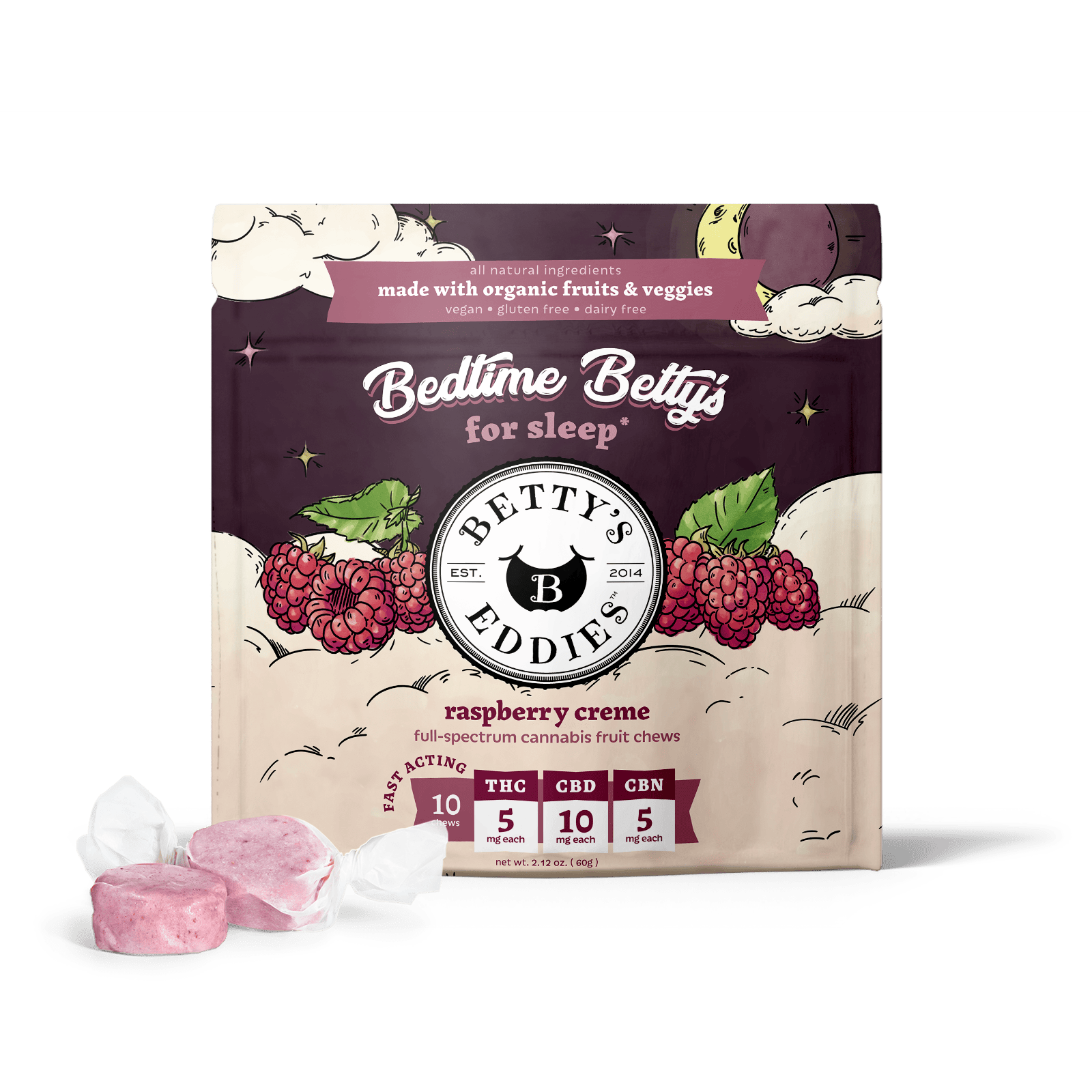 Chews | Bedtime Raspberry Creme 2:1:1 | 50mg | 10pk | Betty's Eddies