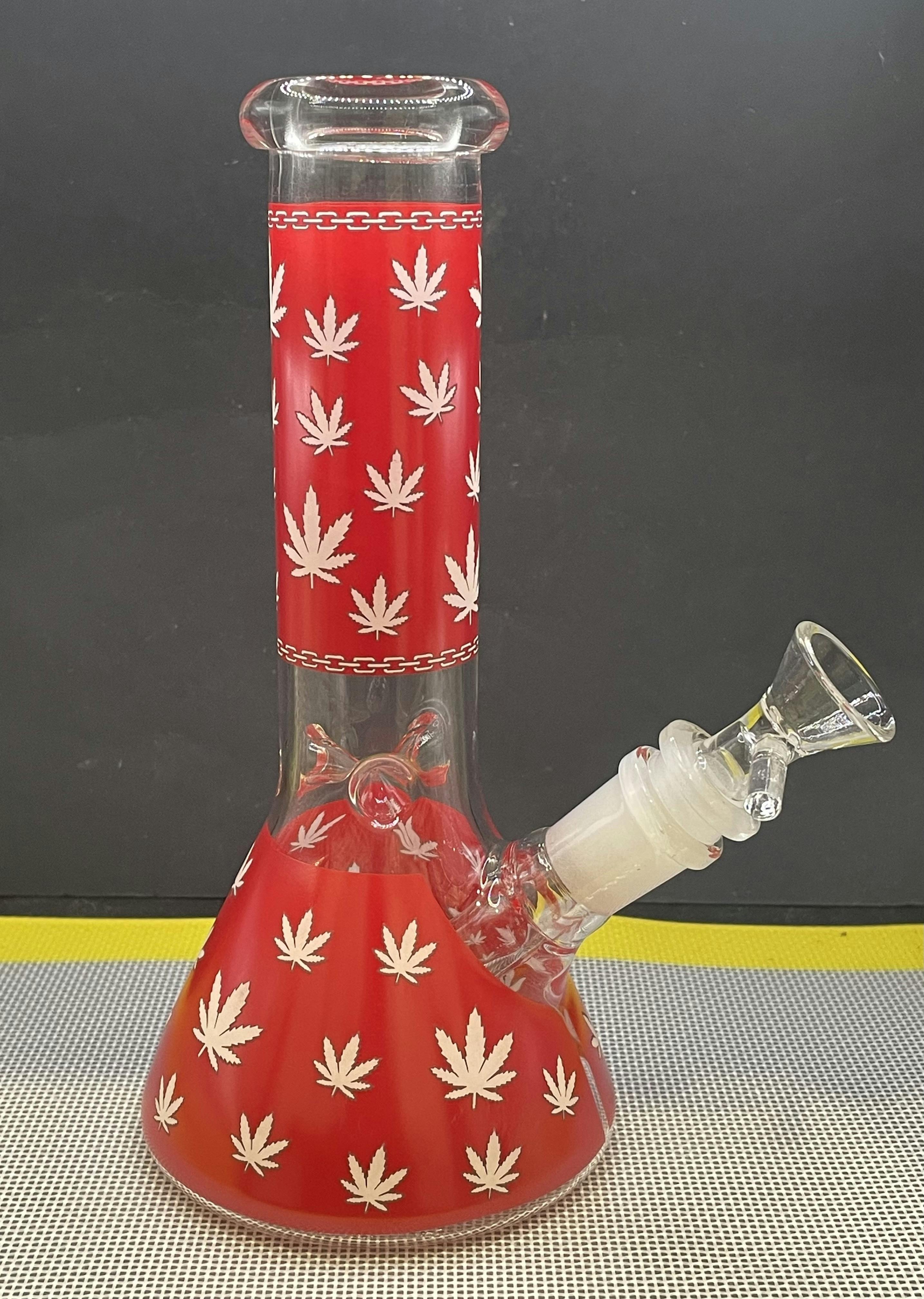 MJW | 8" Leaf Art Glow Beaker Water Pipe (Red)
