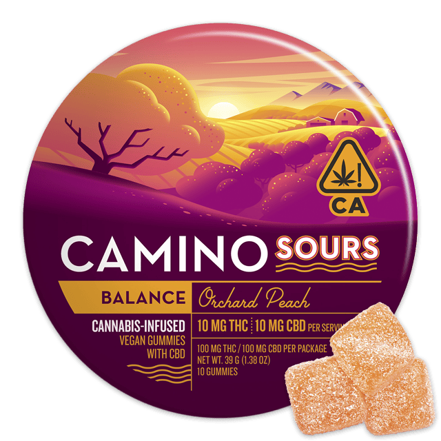 Balance | Orchard Peach Sours THC:CBD 1:1 Gummies | 100mg | 10ct | 10mg/ea