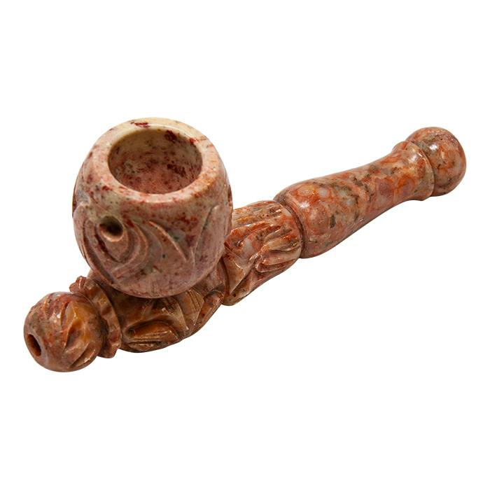 Hand Carved Soapstone Pipe - 4" With Round Bowl