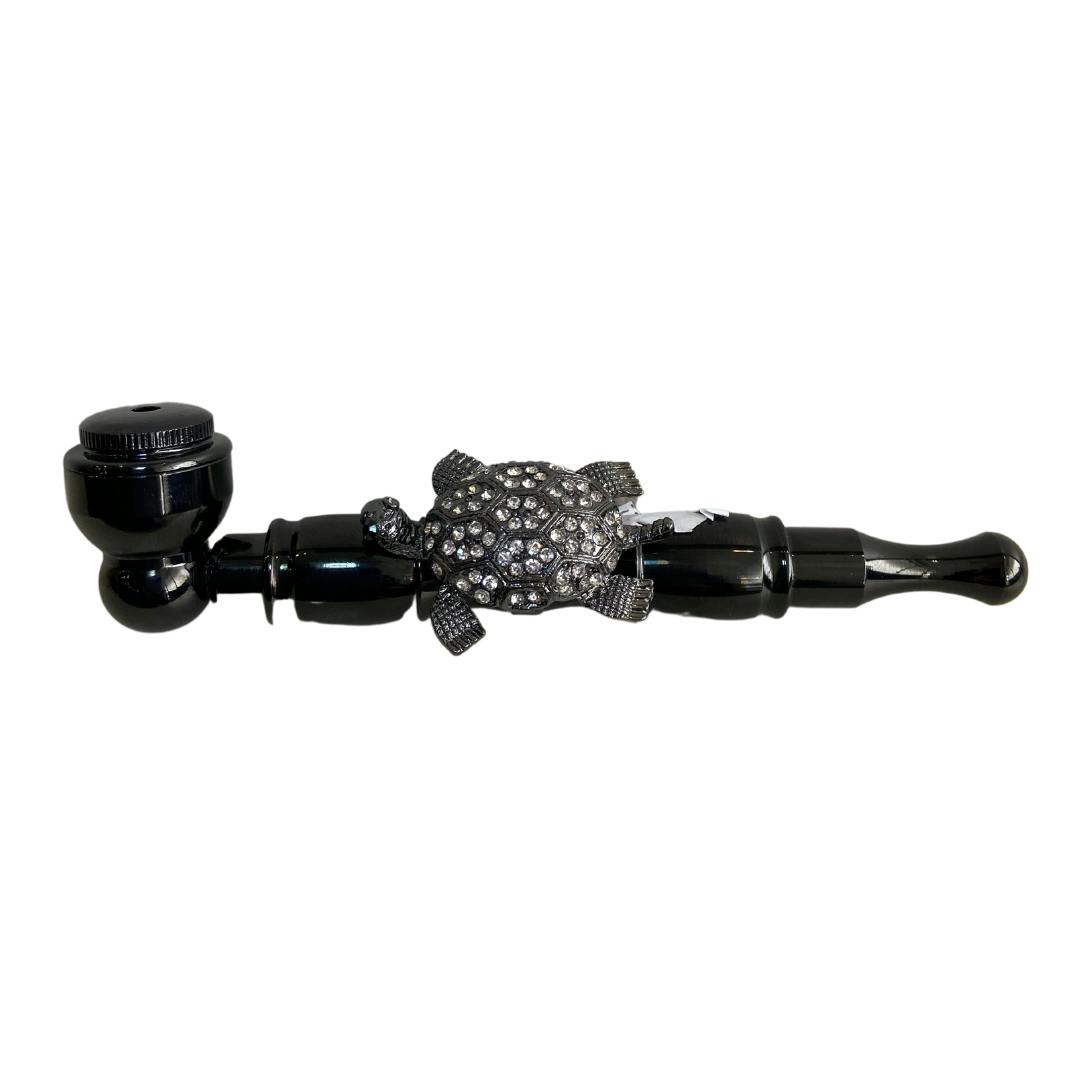 4.7" Metal Pipe with Cubic Zirconia Ornament - Black / Turtle