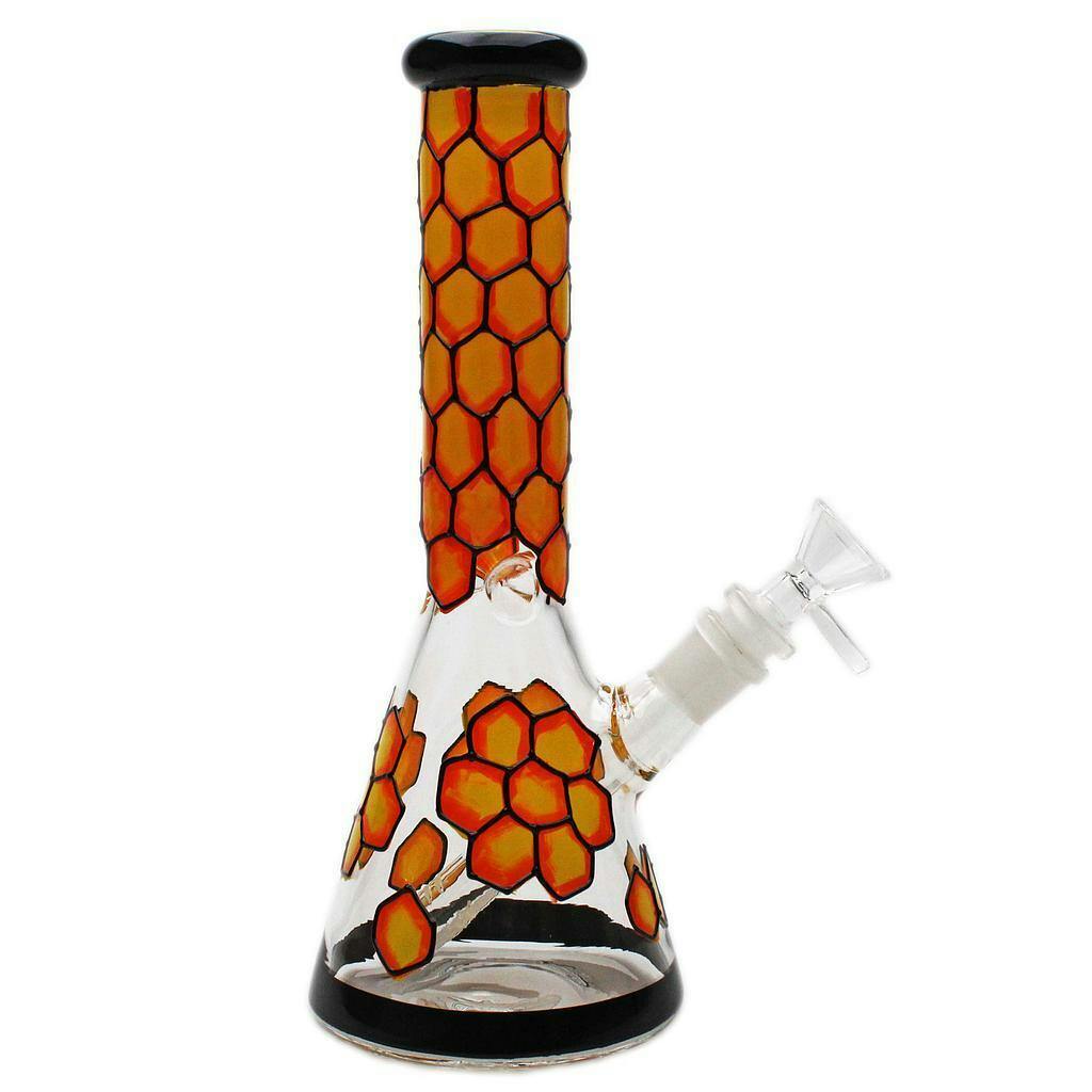 10'' Karma Hex Hive Glass Beaker Bong - Red / Orange
