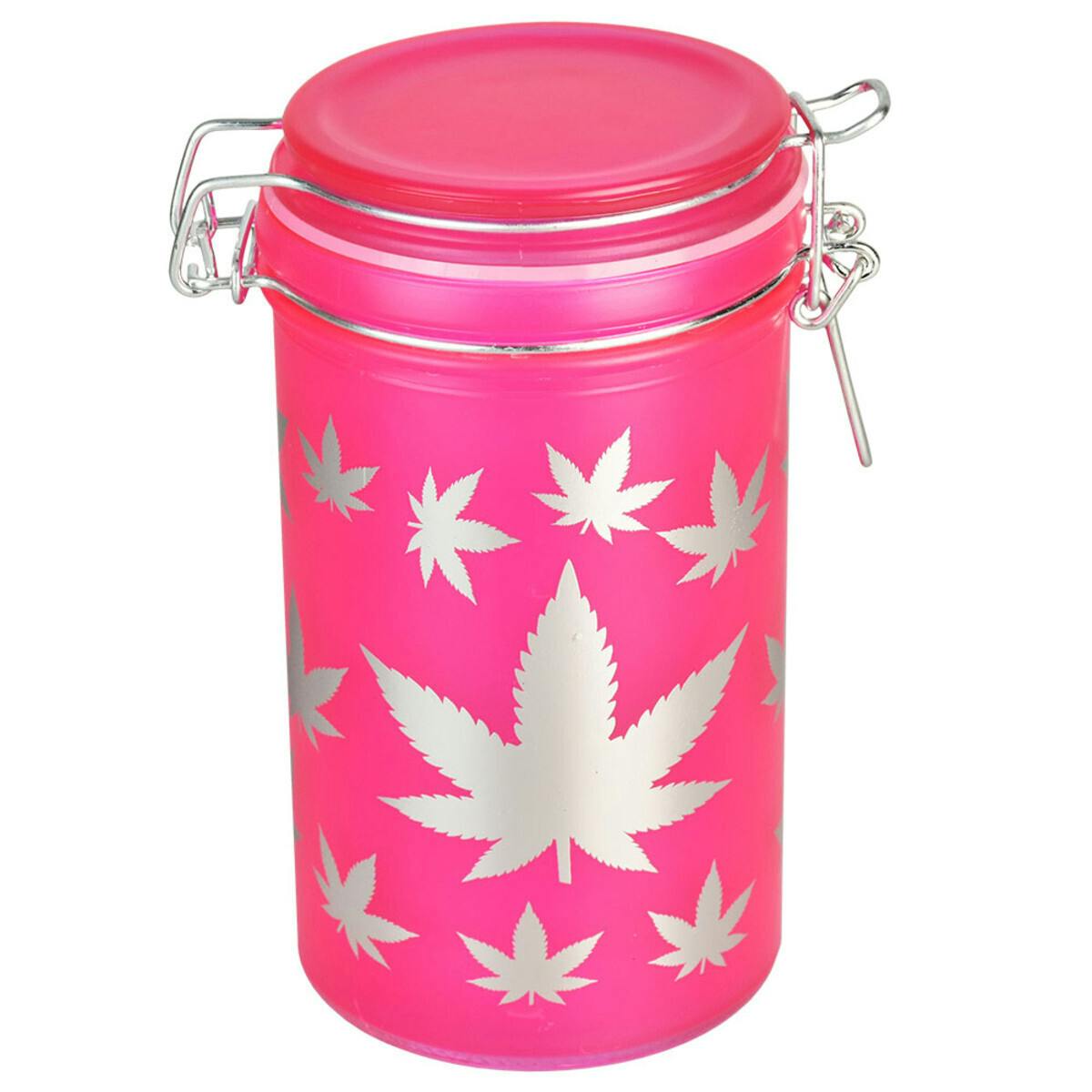 Hemp Leaves Airtight Glass Stash Jar | Silver & Neon Pink