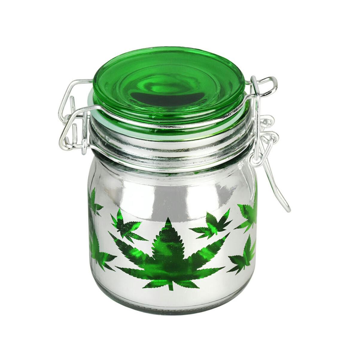 Hemp Leaves Airtight Glass Stash Jar | Green & Clear