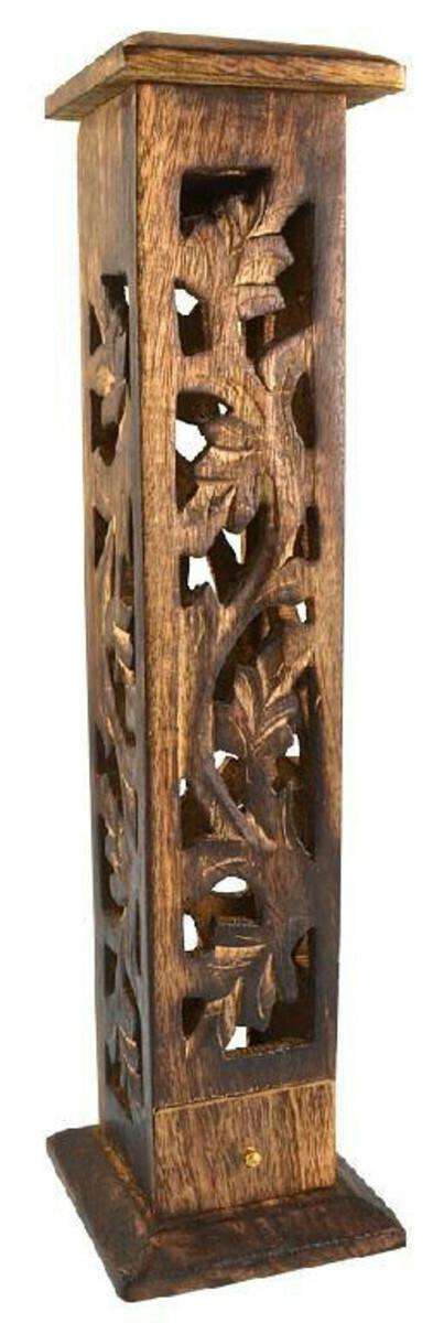 12" Carved Wood Square Tower Incense Burner