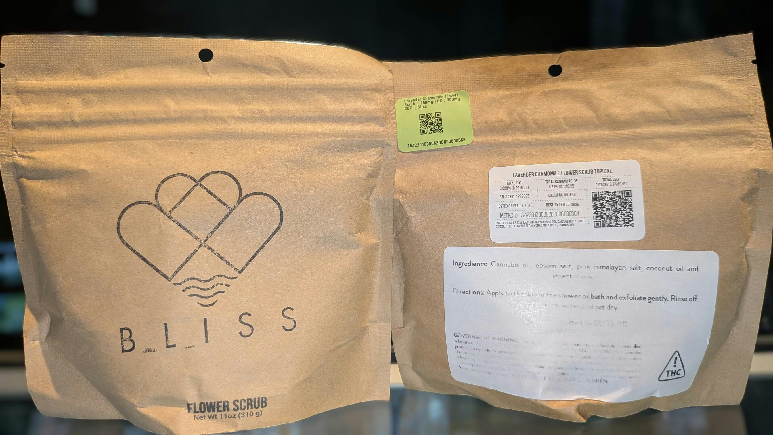 Lavender Chamomile Flower Scrub | 150mg THC : 300mg CBD | Bliss at Oddfellow Wellness