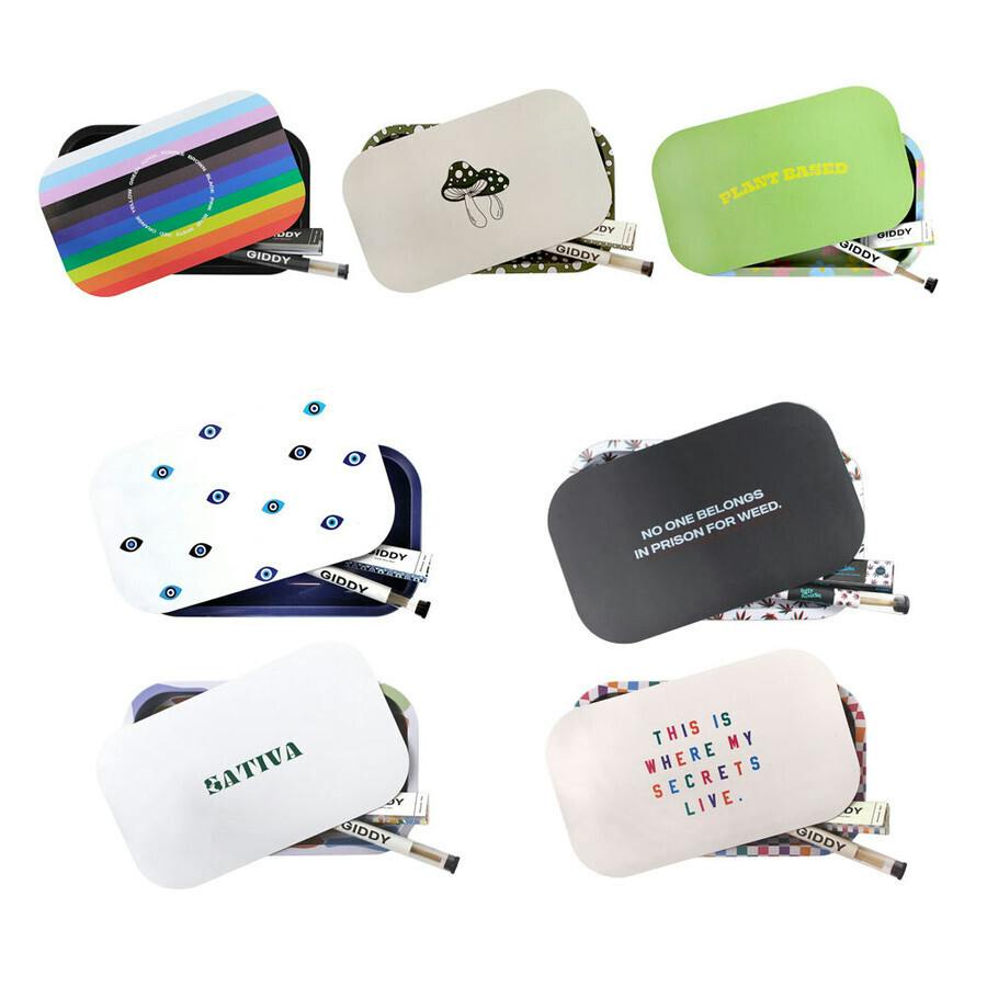 "Giddy Rolling Tray Bundle x/ 10.6""x6.3"" Rolling Tray & Lid 3-Pack Papers - Sativa"
