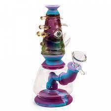 LIT Silicone 5" Tall Blue, Green & White Beaker Water Pipe W/Glass Pull-Out