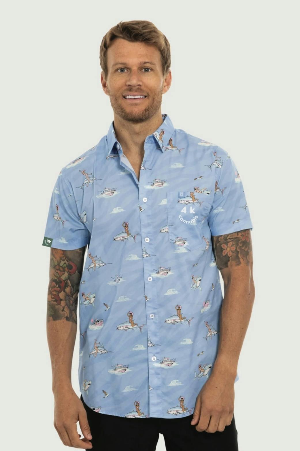 4K CANNABIS | Button Up Shirt | Angler Blue |M