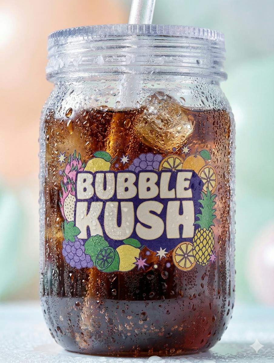 Bubble Kush | Limited Edition Plastic Mason Jar Cup With Lid And Straw
