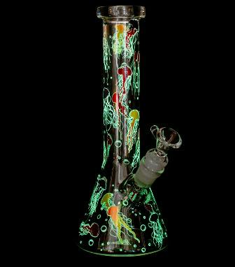 Red Eye Glass 10" Tall Jellyfish Glow In The Dark Water Pipe