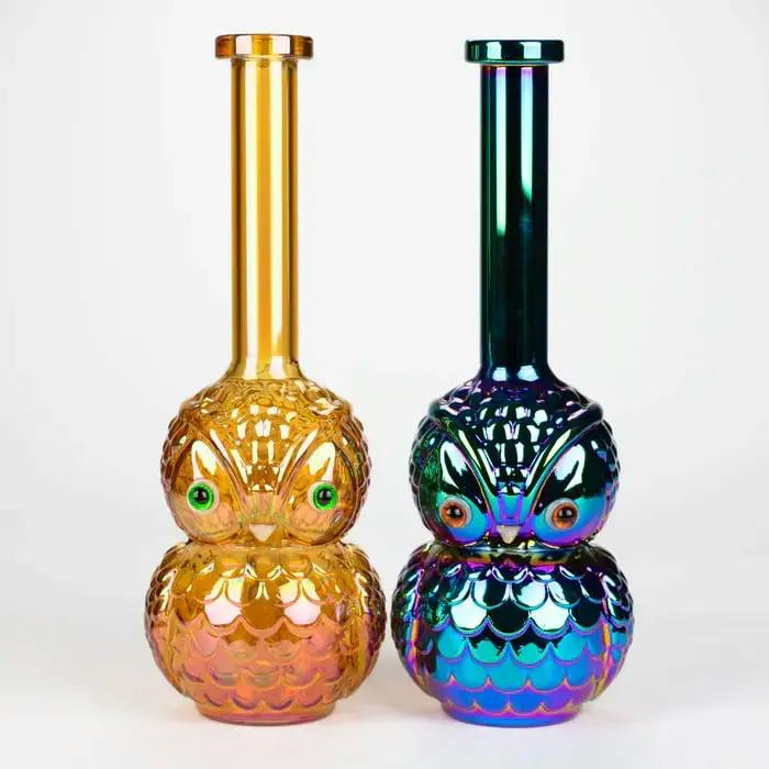 9" Owl Electroplated Glass Bong - Rose Gold or Rainbow (green)