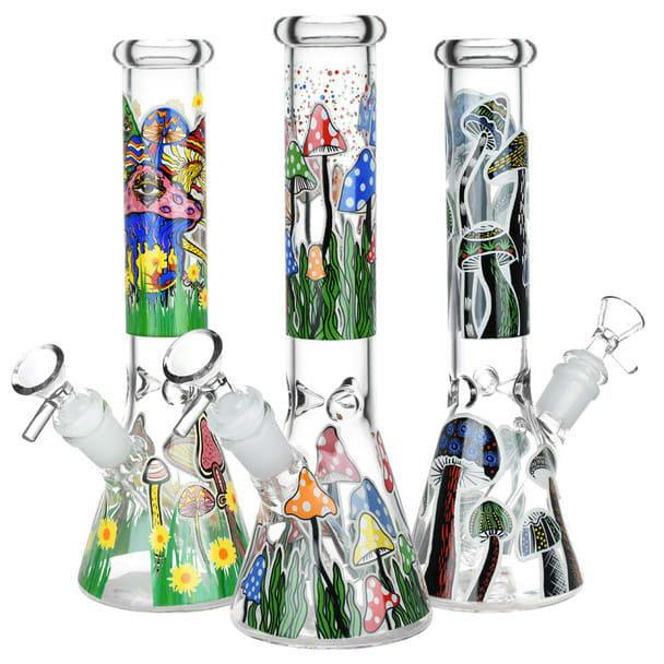 10" Shrooms Are Watching Glow Glass Beaker Water Pipe - 14mm F