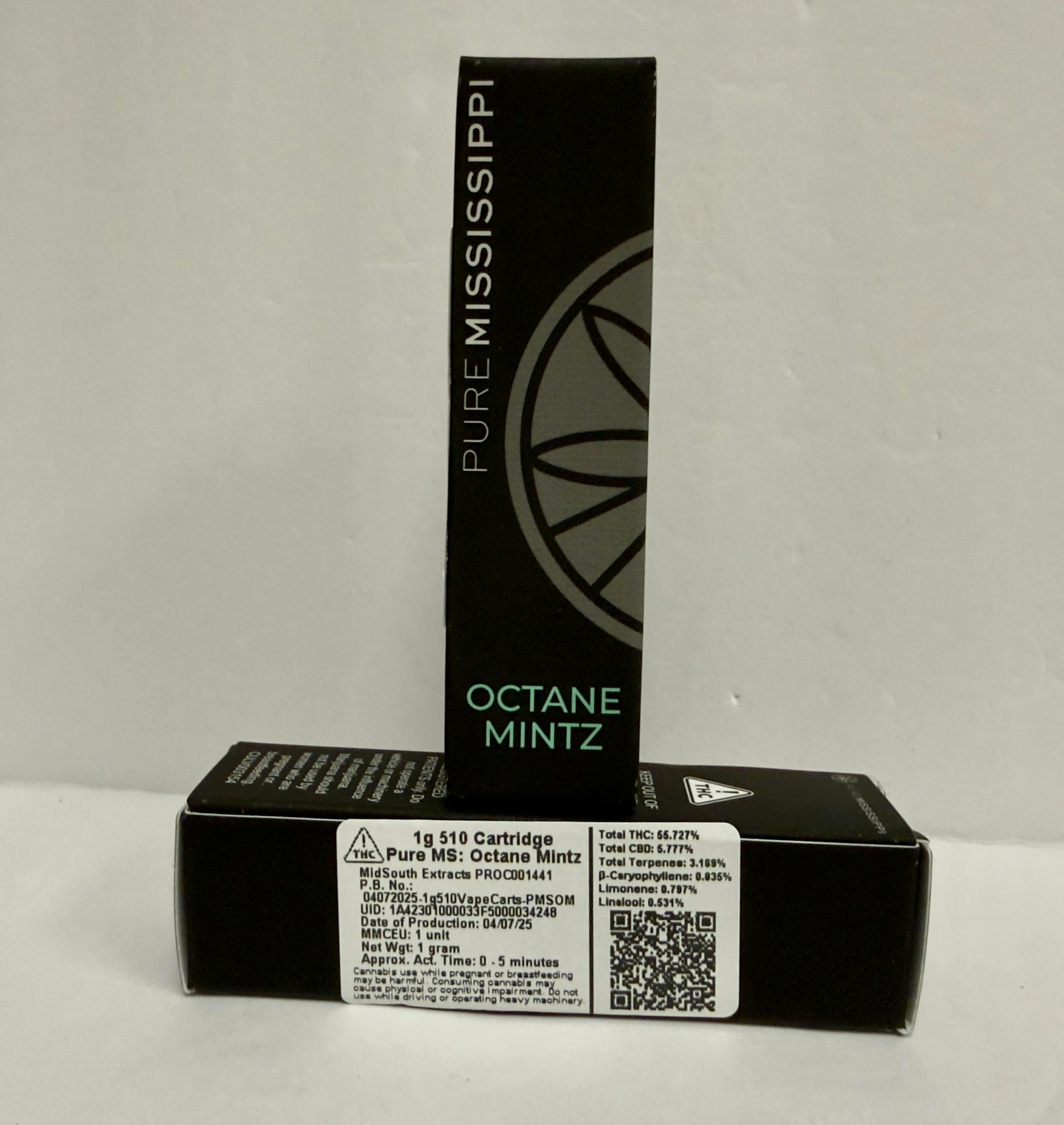 Pure- Octane Mintz- 1gVape Carts (ind/hyb) at Bee's Buds Dispensary Wiggins