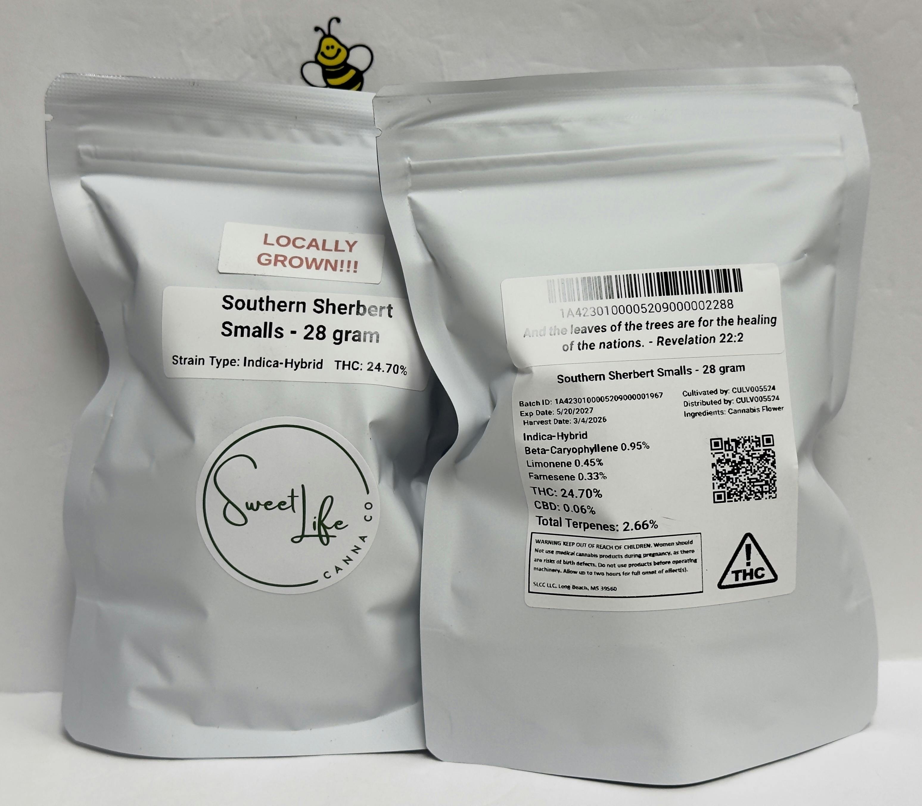SLCC- Southern Sherbert Smalls - 28g bag 24.7%- 2.66%Terp (ind/hyb)