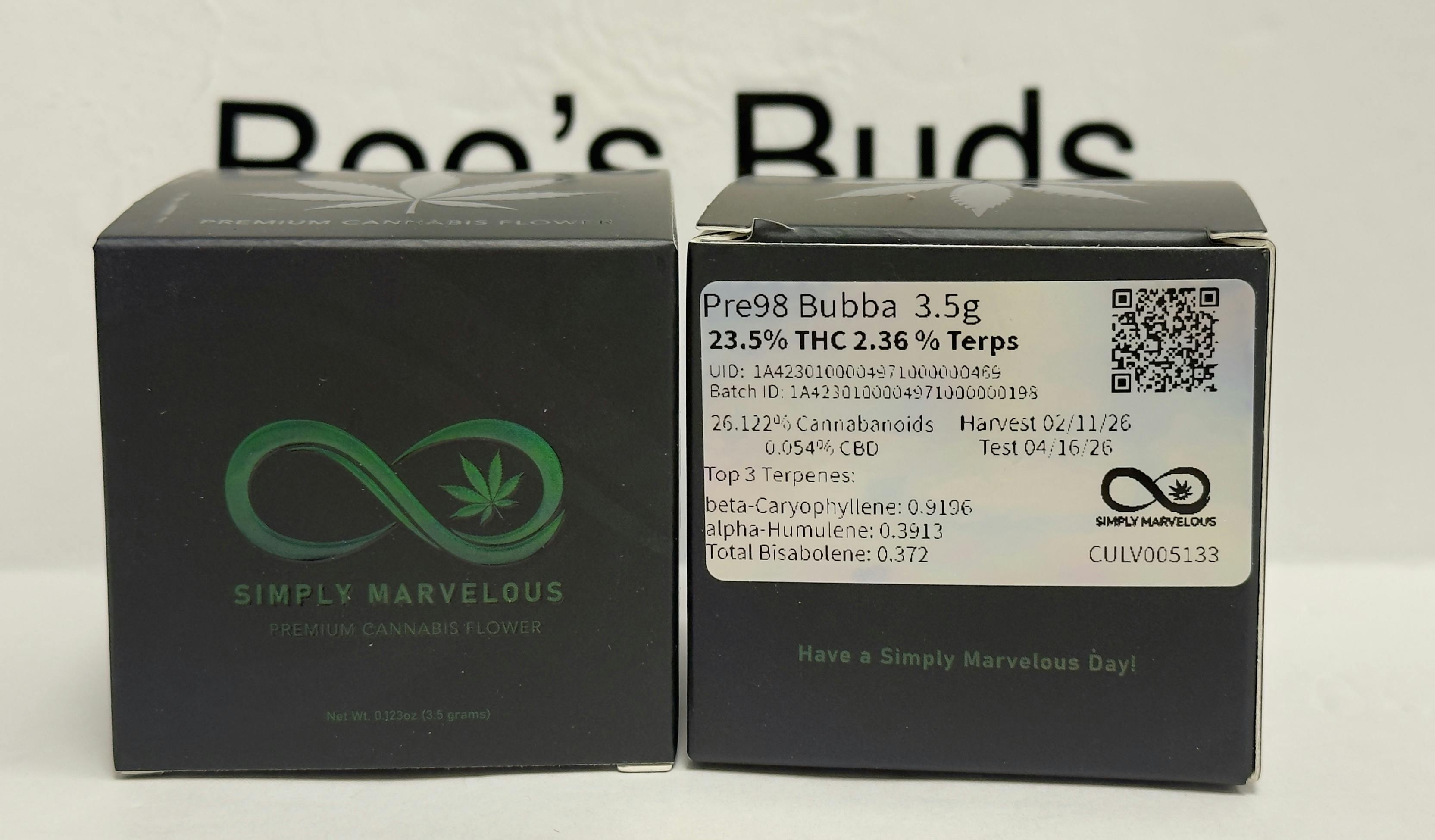 SM- Pre 98 Bubba Bx1- 23.5%- 2.36% terp (ind/hyb)