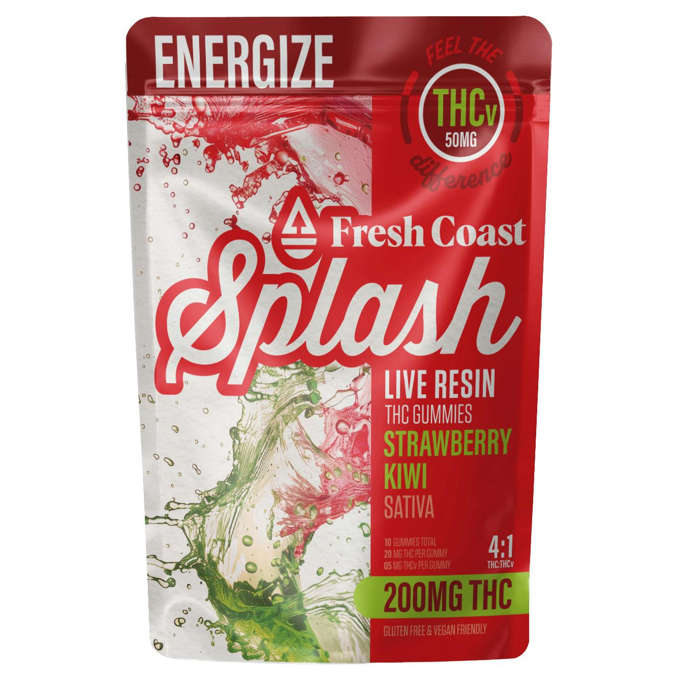 Fresh Coast Splash Strawberry Kiwi 4:1 THC/THCv Live Resin Gummies 200mg Rec