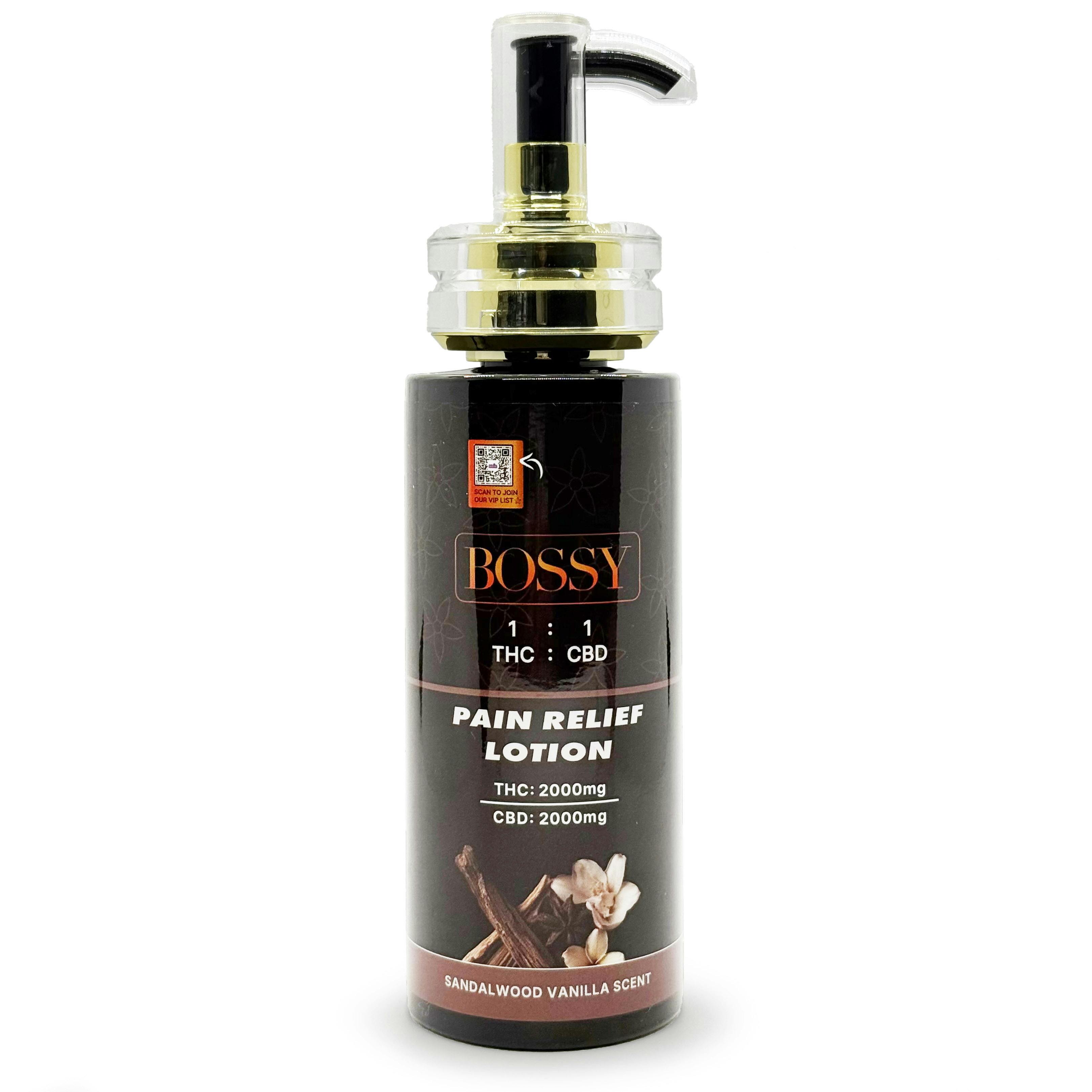 Bossy Pain Relief 1:1 2000mg THC/CBD Sandalwood Vanilla Scented Pump Lotion Rec