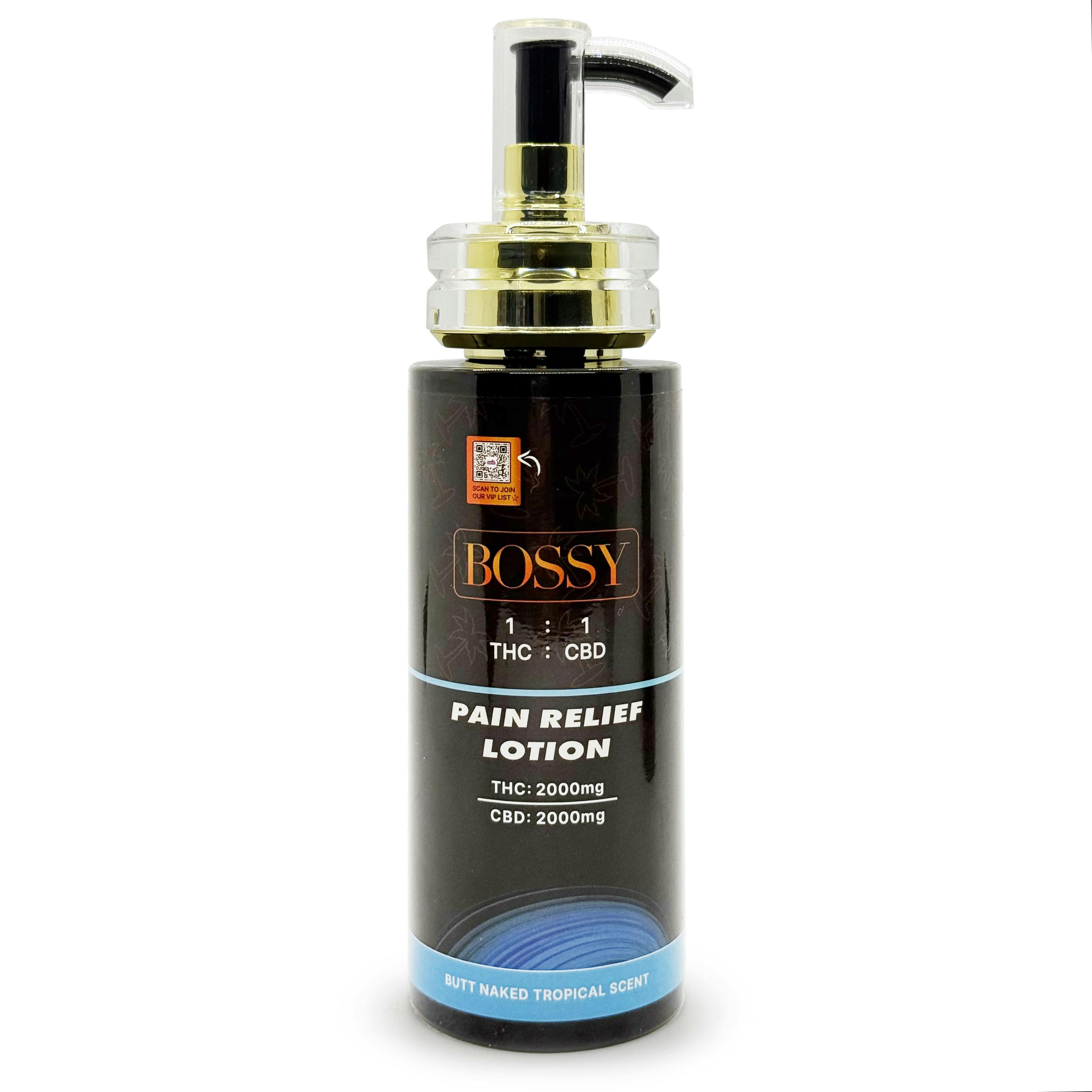 Bossy Pain Relief 1:1 2000mg THC/CBD Butt Naked Tropical Scented Pump Lotion Rec