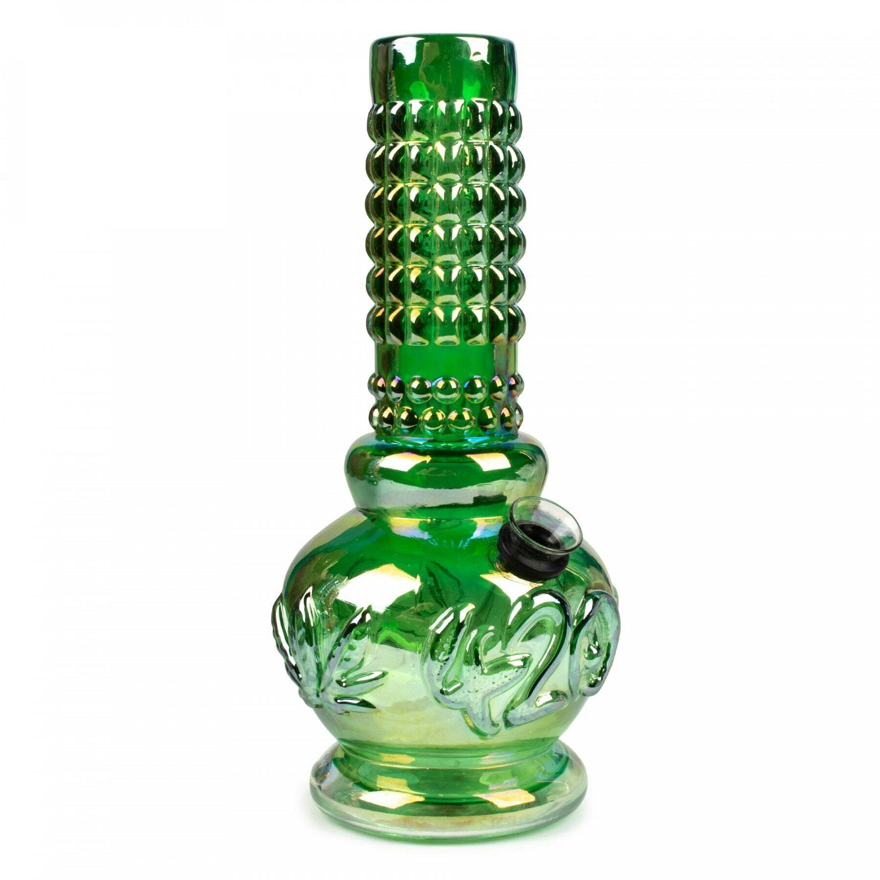 Retro Glass 8" Tall Platinum Metallic Water Pipe W/Embossed 420 & Leaf Designs