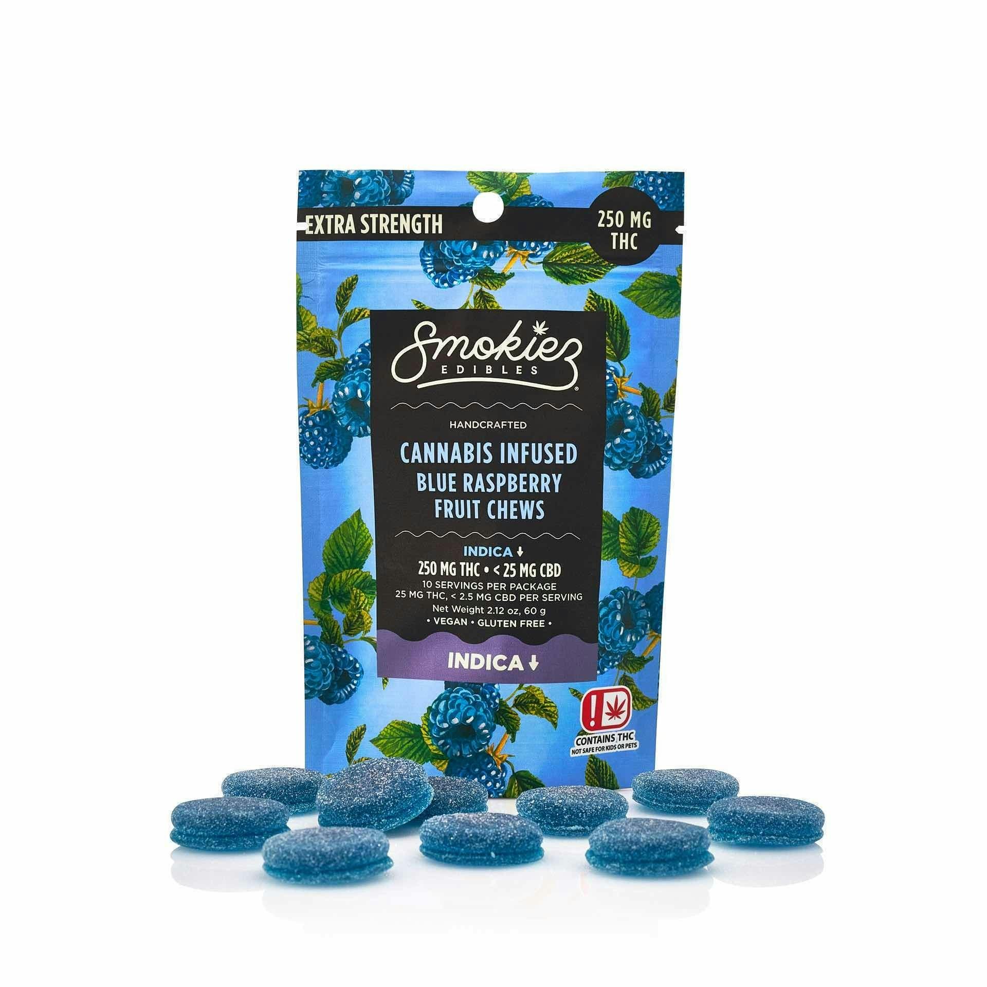 $16 | 250mg Indica Fruit Chews | Smokiez | Sweet Blue Raspberry