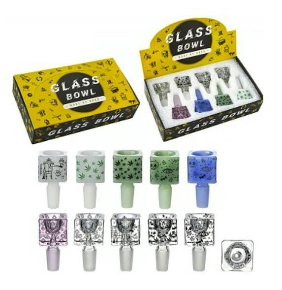 $8 | 14mm Square Bowl w/ Graphics | AAA Glass Pipes | 0639